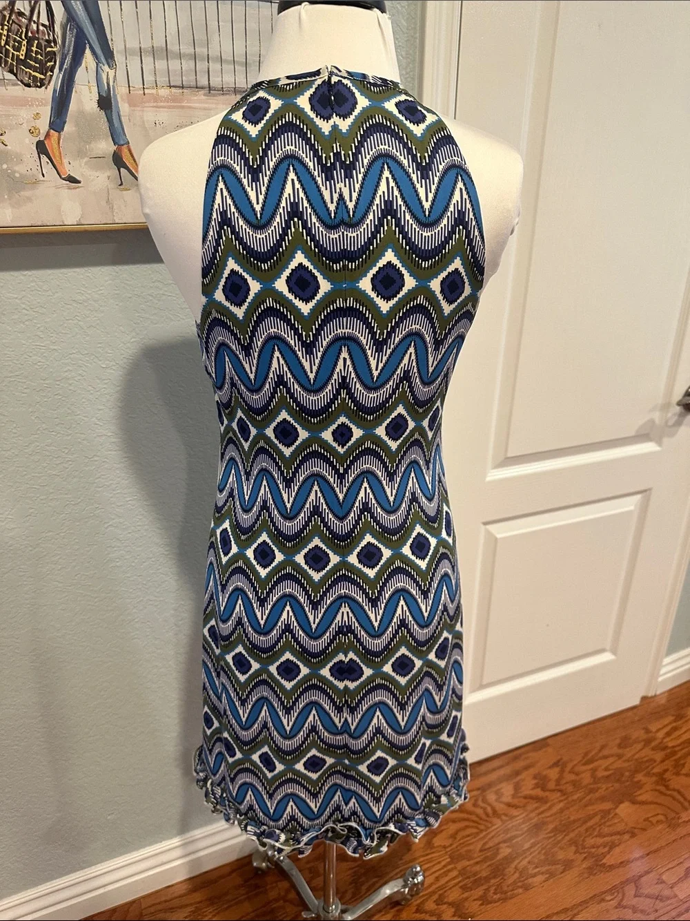 Tory Burch Sz 6 100% Silk Blue & Olive Wave-Print Halter Mini Dress • NEW!